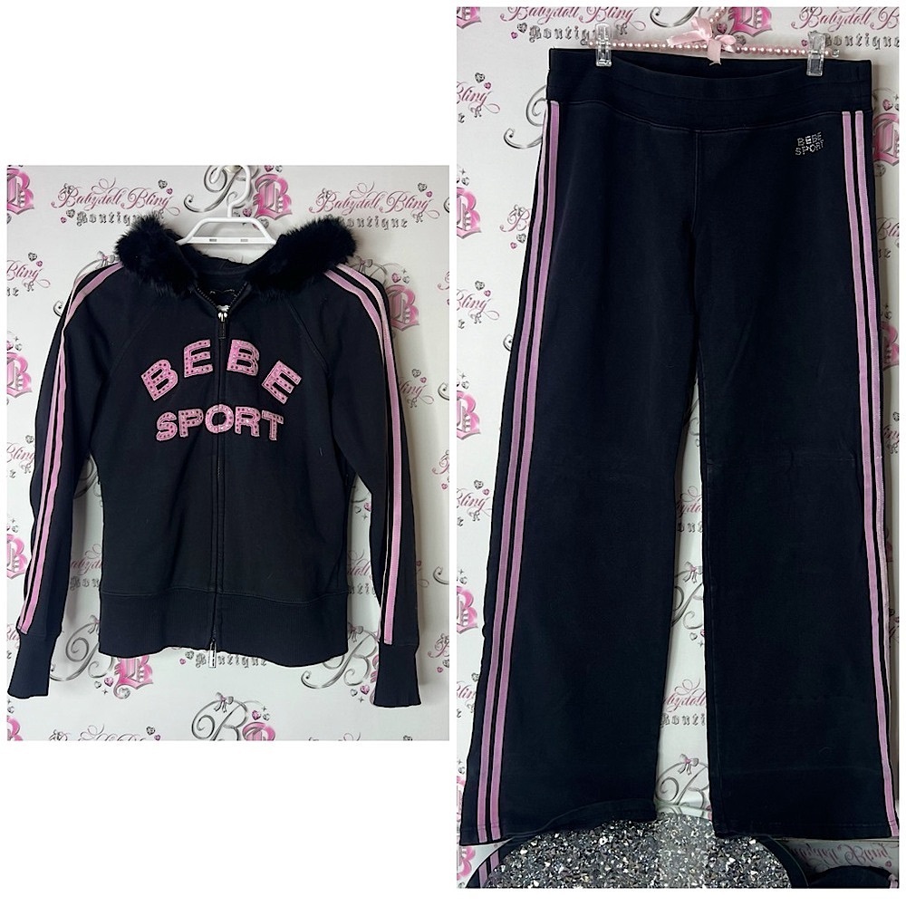 bebe set sweater pants striped rabbit fur hood trim Black Pink Track Pants